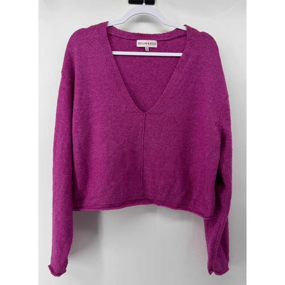 Willow & Wind Magenta Purple V-Neck Cropped Knit Sweater Large Long Sleeve